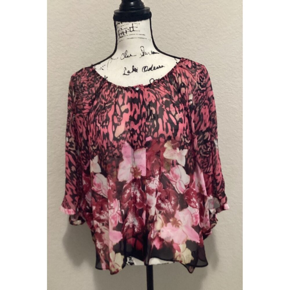 Jennifer Lopez Womens Sheer Pink & Black Floral Animal Print Blouse